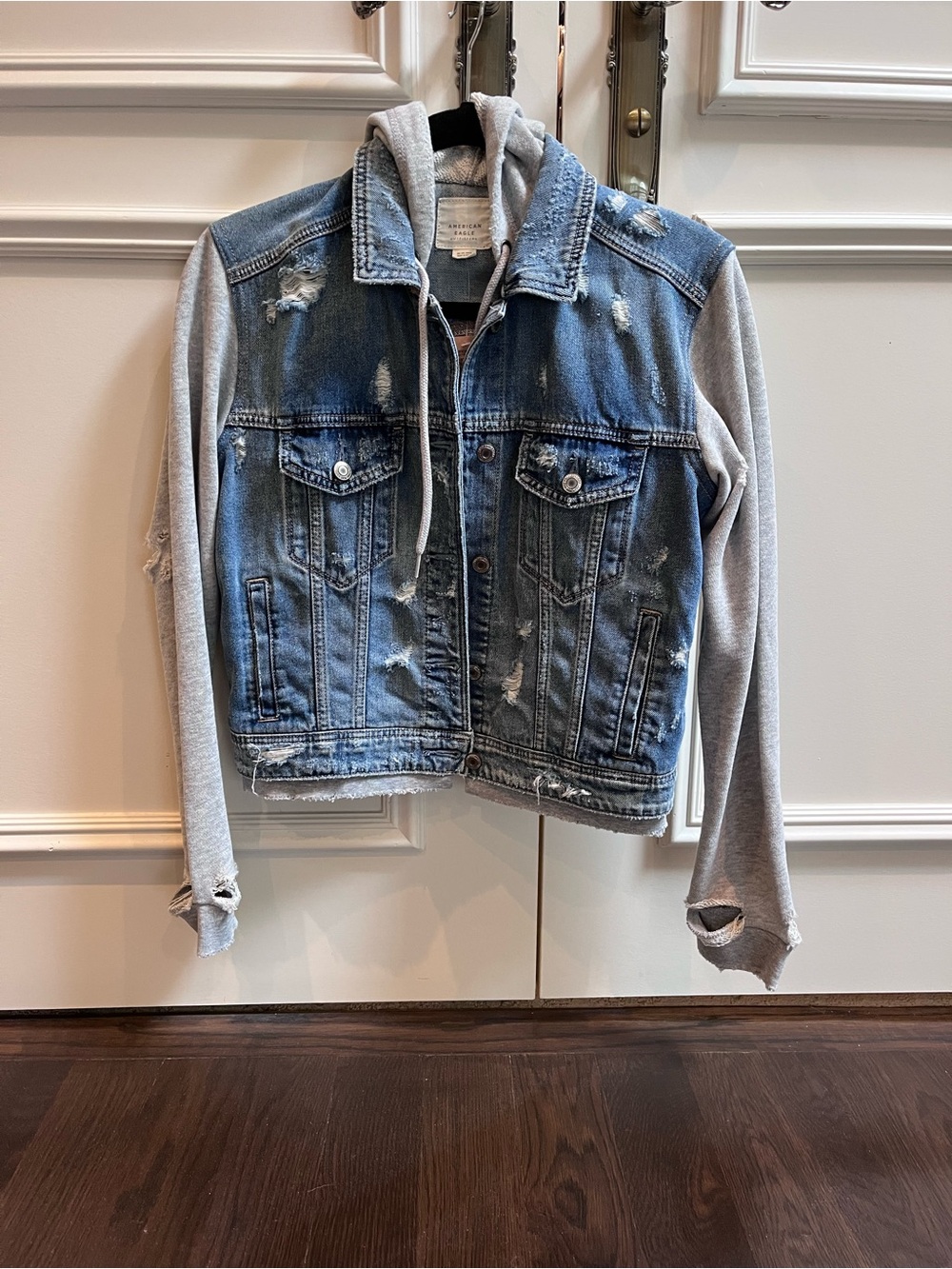 Brand new Women’s Distressed Blue Denim & Gray Hoodie Jacket